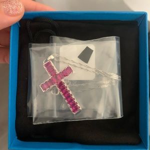 BRAND NEW: Red Lab Created Ruby Rhodium Over Silver Cross